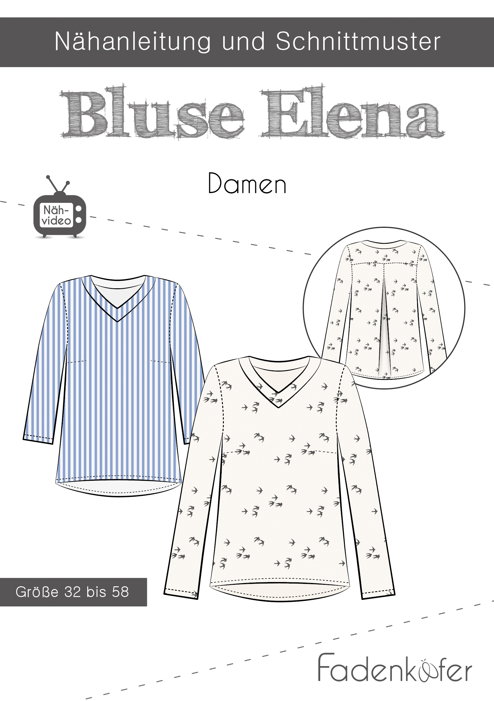 Papierschnittmuster Bluse Elena für Damen 32-58 von Fadenkäfer