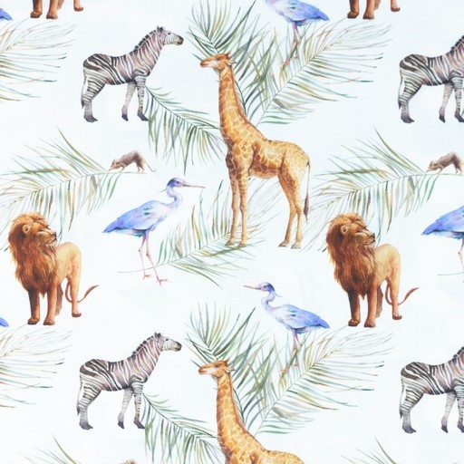 Baumwollstoff Digital mit Zebras, Löwen und Giraffen - weiß  