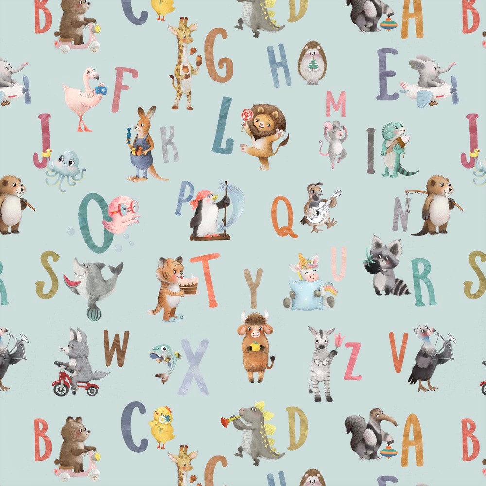 Baumwollstoff Digital "Alphabet & Animals" - dusty mint