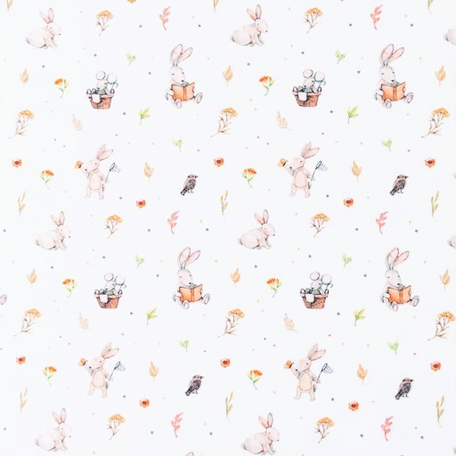 Digitaljersey Snoozy Fabrics mit Blumen und Häschen - ecru