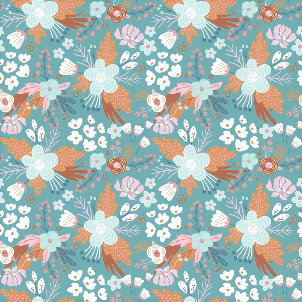 Baumwolljersey Organic Cotton "Flowers" - dark dusty aqua