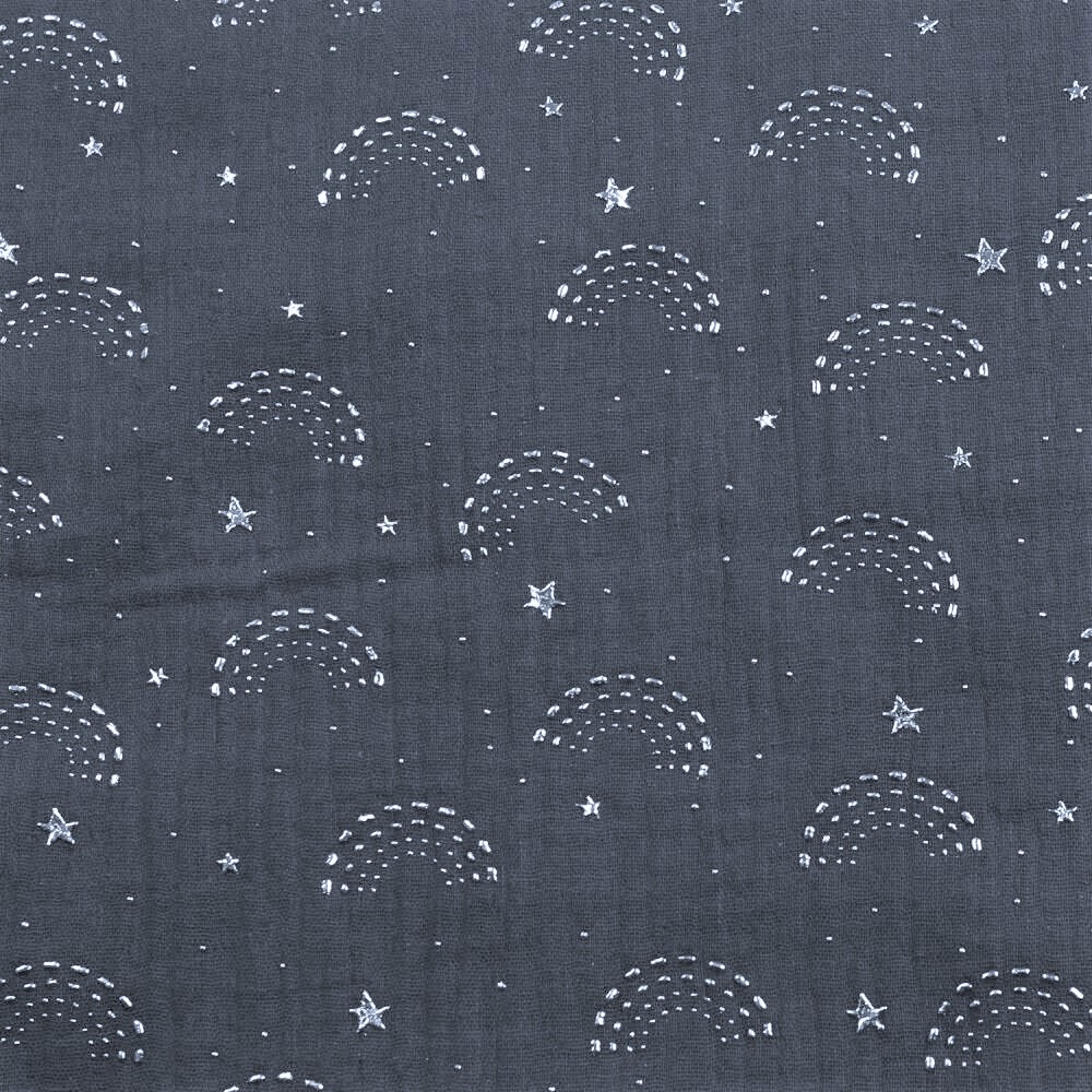 Baumwolle Musselin Double Gauze mit silbernen Regenbögen und Sternen (Foliendruck) - dunkelgrau 