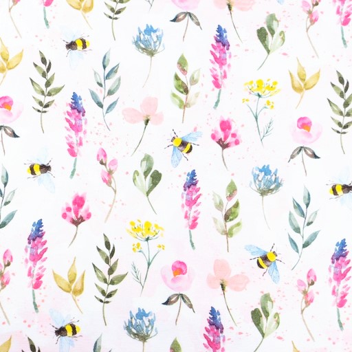 Digitaljersey Snoozy Fabrics mit bunter Blumenwiese und Bienen - ecru   