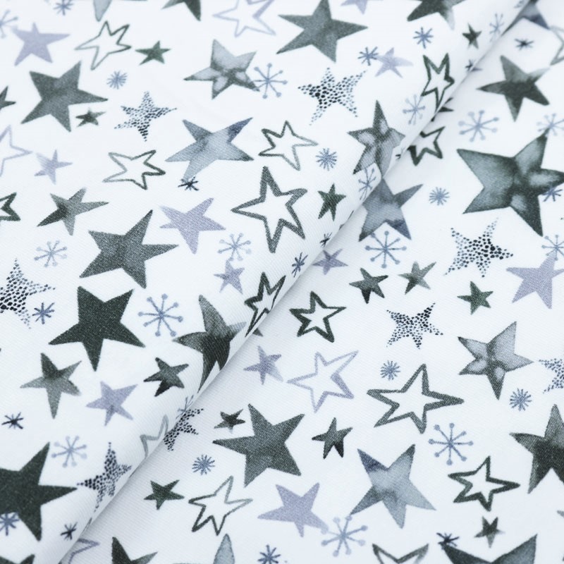 Baumwolljersey mit verschiedenen Sternen - weiß/grau