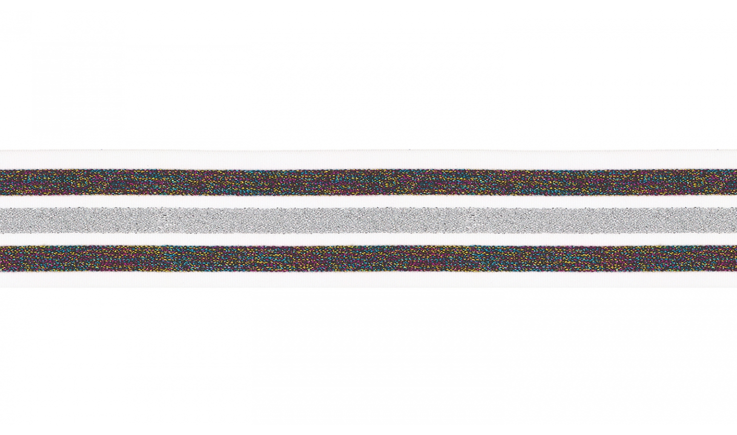 Gummiband 40mm offwhite/multicolor/silber gestreift LUREX  