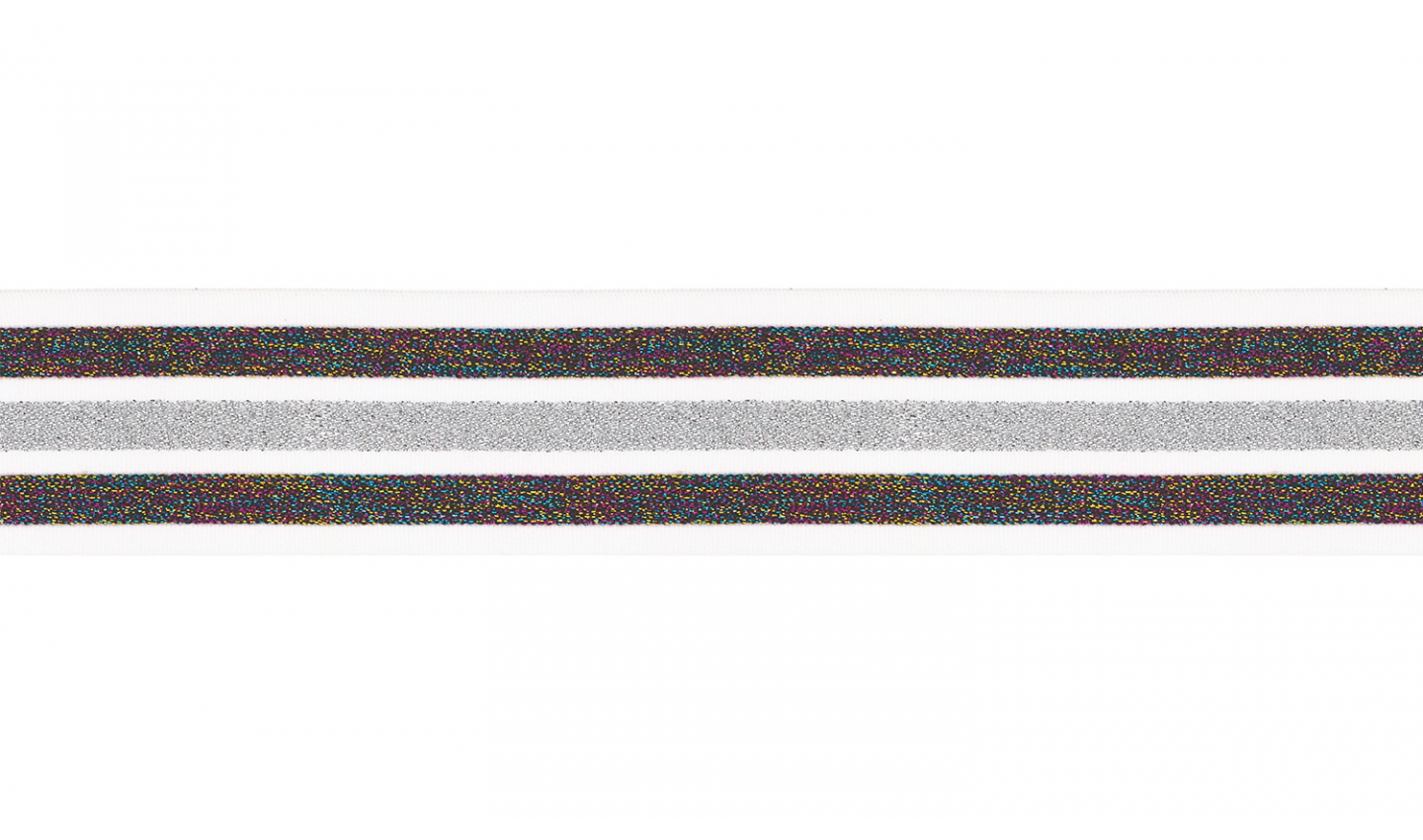 Gummiband 40mm offwhite/multicolor/silber gestreift LUREX  