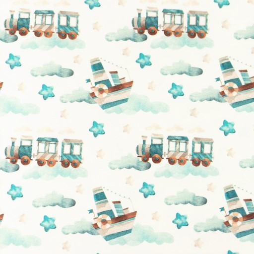 Digitaljersey Snoozy Fabrics mit Eisenbahnen, Wolken, Sternen und Schiffen - ecru/emerald 