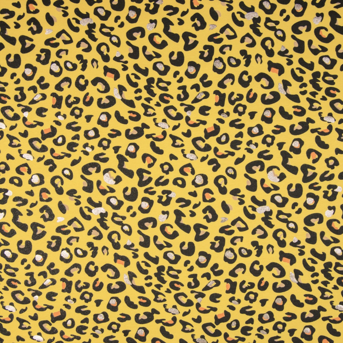 0,88m Reststück   Baumwolljersey mit schwarz/goldenem Leopardenmuster (Foliendruck) - gelb