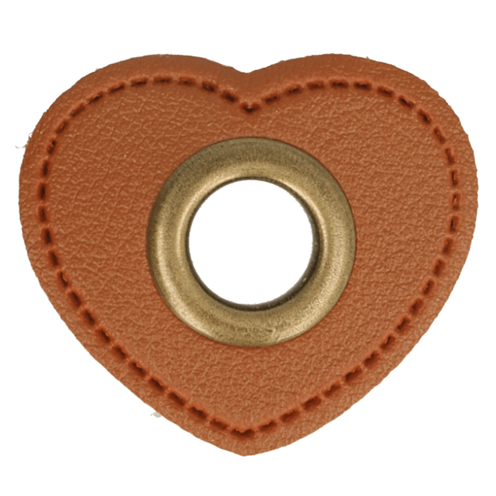 Ösen-Patch auf braunem Kunstleder in Herzform bronze 11mm