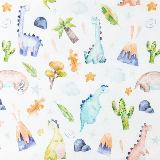 Digitaljersey Snoozy Fabrics "Dino World" mit Pflanzen und Dinos - ecru