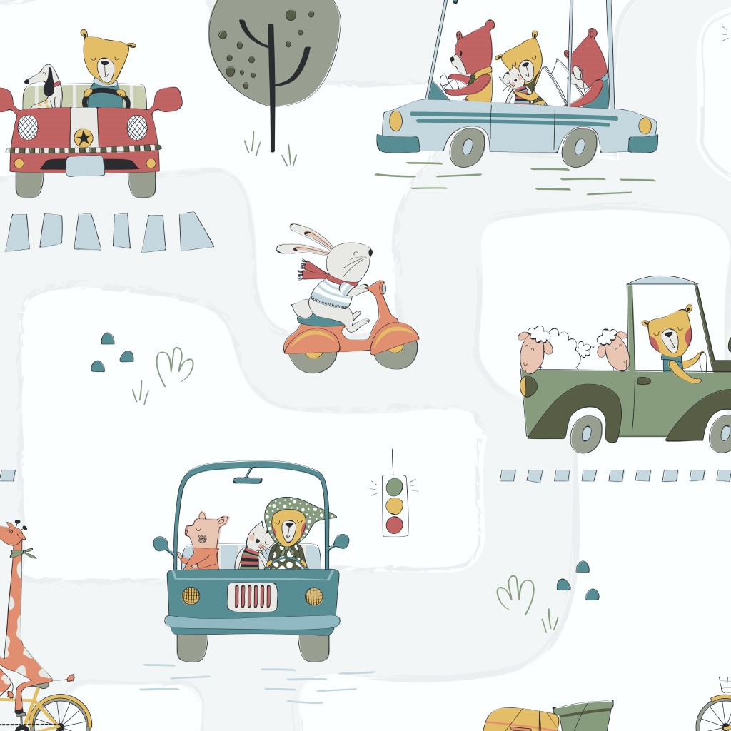 Baumwollstoff Digital "Driving Animals" mit verschiedenen Tieren - weiß