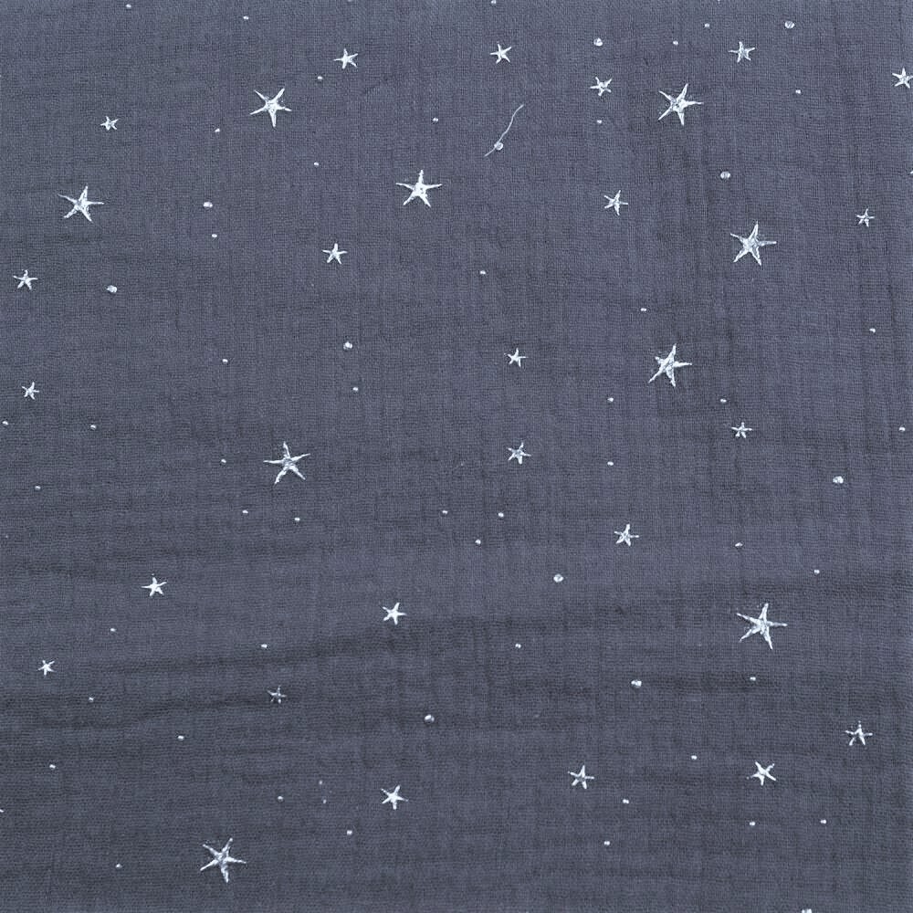 Baumwolle Musselin Double Gauze mit silbernen Sternen (Foliendruck) - dunkelgrau