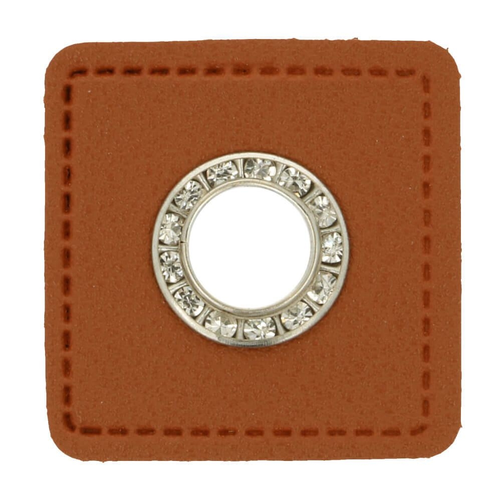 Ösen-Patch auf braunem Kunstleder mit Glitzersteinen nickel 8mm 