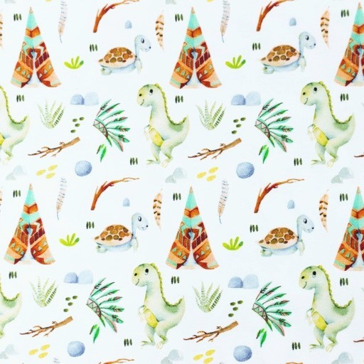 Digitaljersey Snoozy Fabrics mit Schildkröten, Tippis und Dinos - ecru 