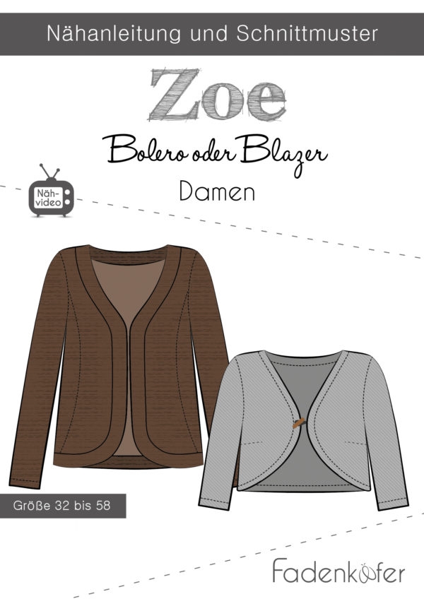 Papierschnittmuster Bolero oder Blazer Zoe für Damen 32-58 von Fadenkäfer