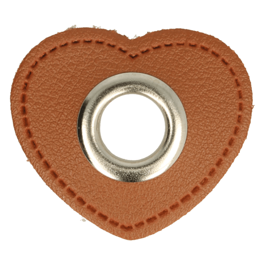 Ösen-Patch auf braunem Kunstleder in Herzform nickel 11mm
