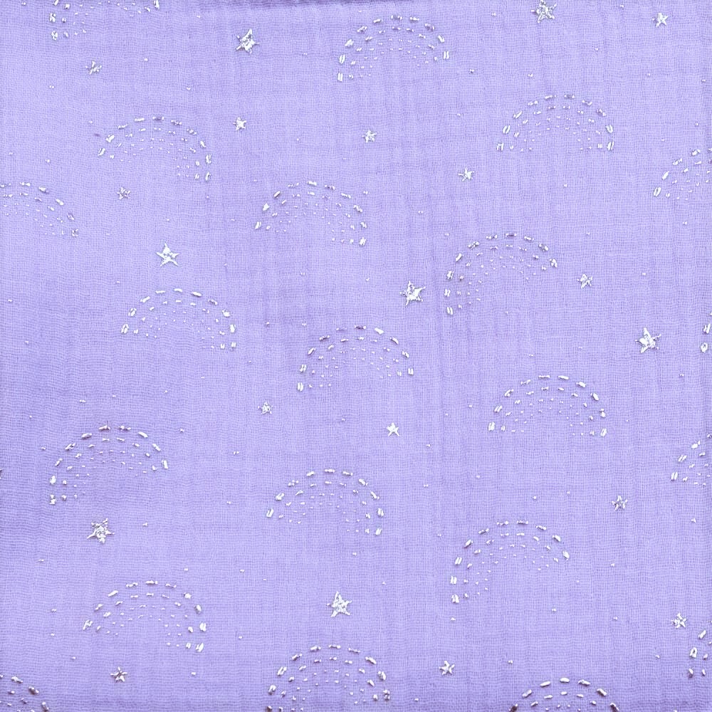 0,29m Reststück   Baumwolle Musselin Double Gauze mit silbernen Regenbögen und Sternen (Foliendruck) - flieder