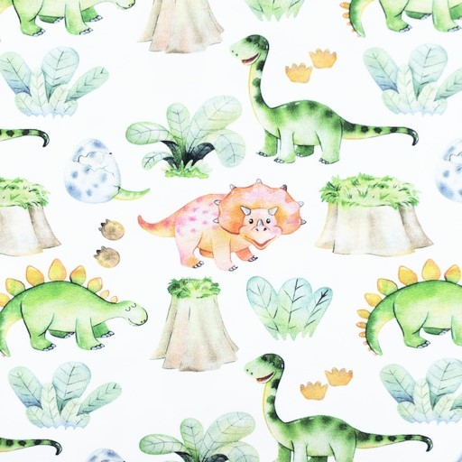 Digitaljersey Snoozy Fabrics "Dino Kids World" mit Pflanzen und Dinos - ecru 