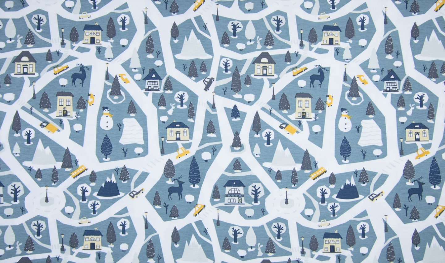 Baumwolljersey "Winter Village" - dusty blue