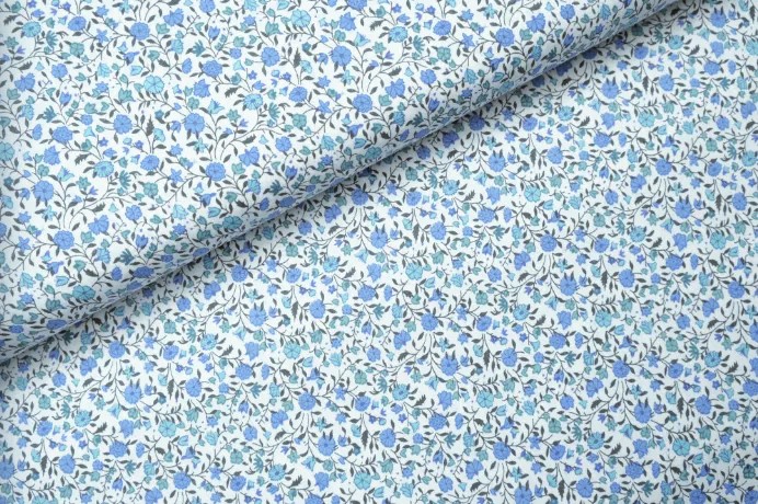 Baumwollstoff weiß mit blauen kleinen Blumen