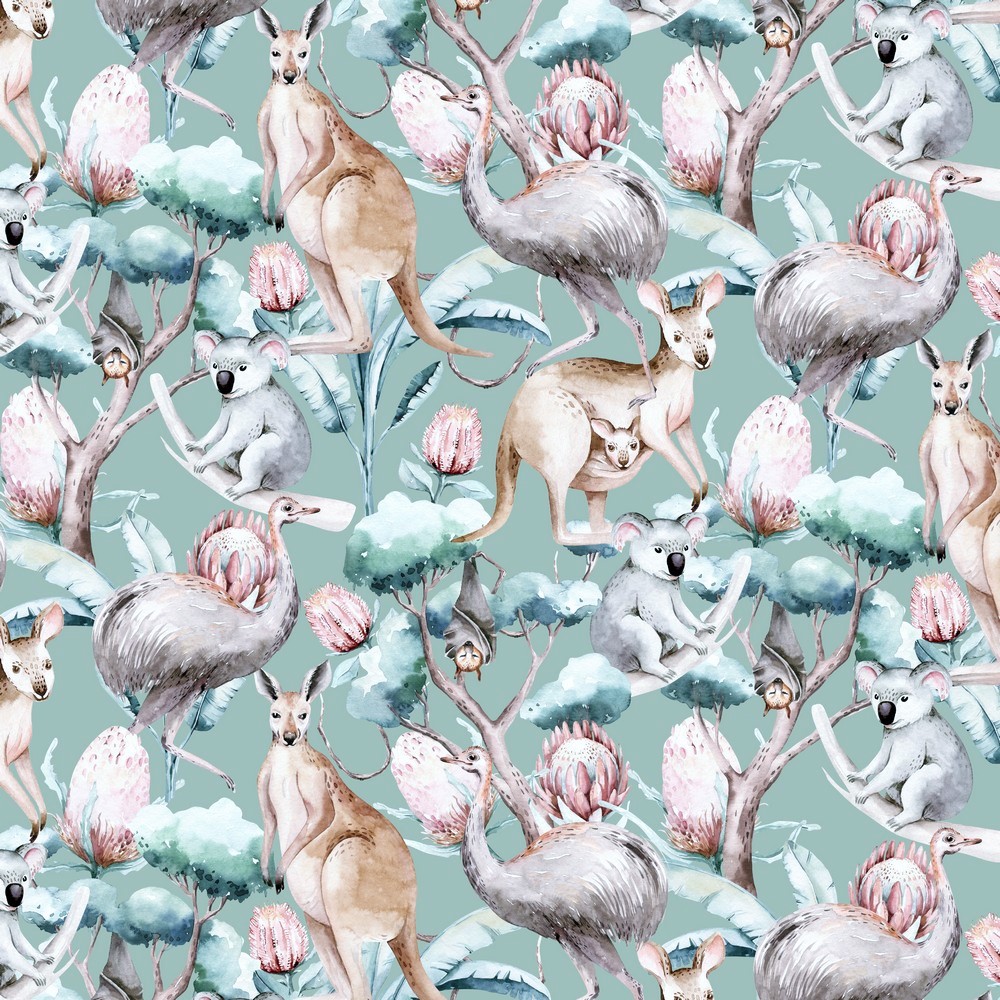 Digitaljersey Organic Cotton "Australian Animals" - dusty mint