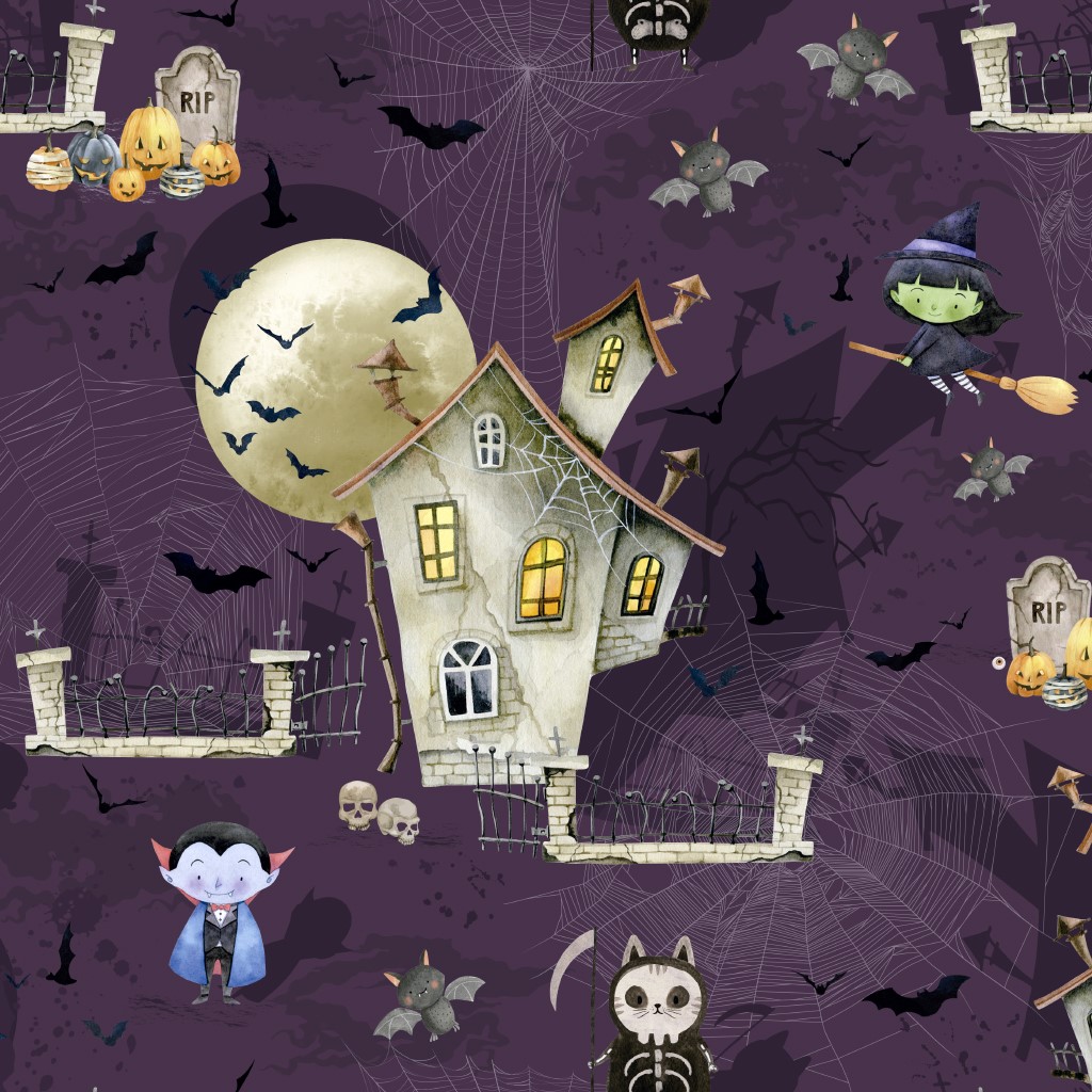 Baumwollstoff  Digital mit Gruselhaus und  Halloween-Monstern - lila