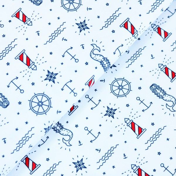 French Terry "Ocean Dream" mit maritimen Mustern - Weiß