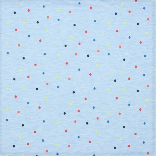 0,74m Reststück         Baumwolljersey blau meliert mit bunten Dots 