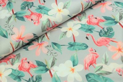 1,76m Reststück    Baumwolljersey hellgrau "Tropical Flamingos"