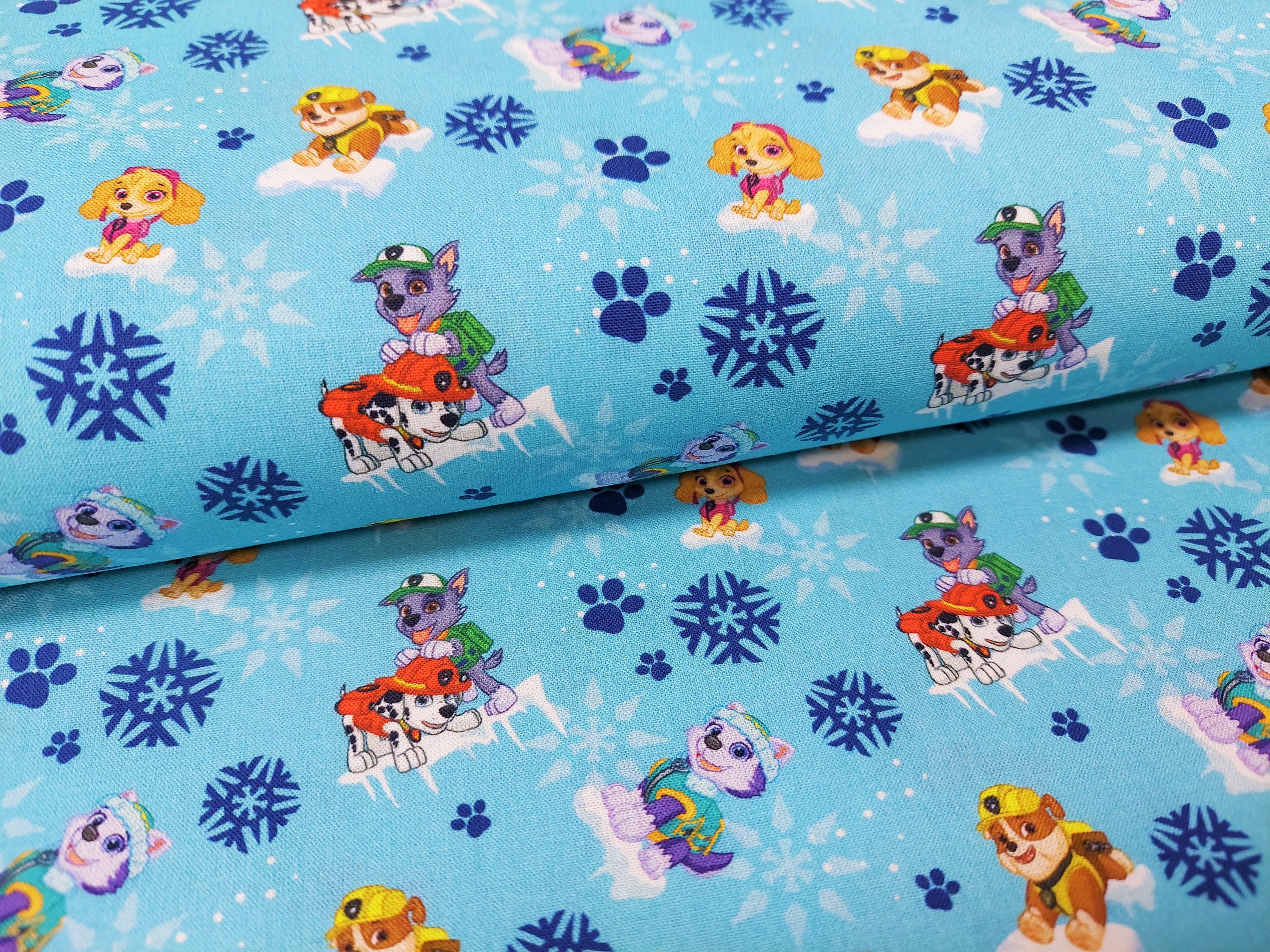 Baumwollstoff Lizenz mit Paw Patrol im Schnee, Digitaldruck - aqua