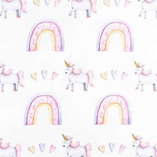 Digitaljersey Snoozy Fabrics mit Herzen, Einhörner und Regenbögen - ecru 