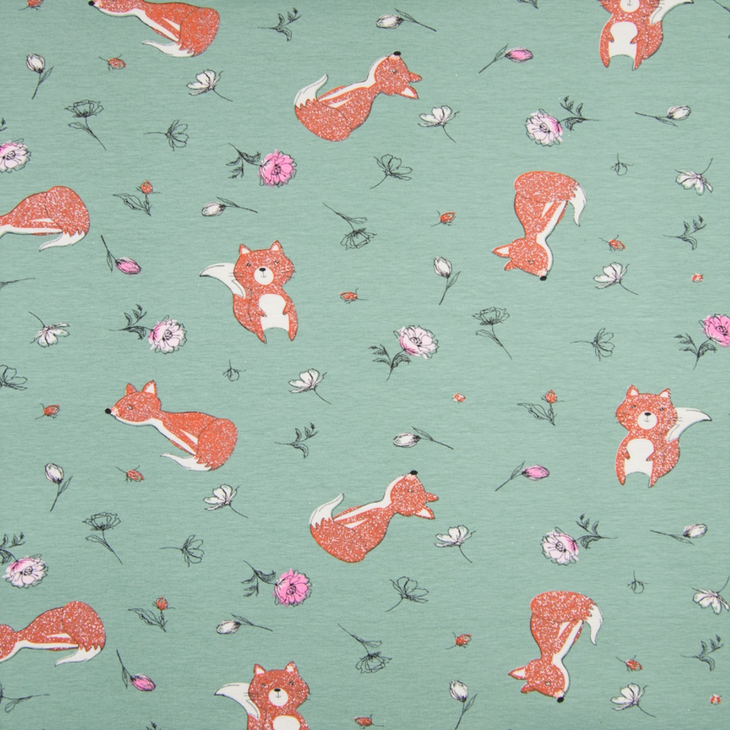 Baumwolljersey dusty green mit Blumen und Glitzer-Füchsen 