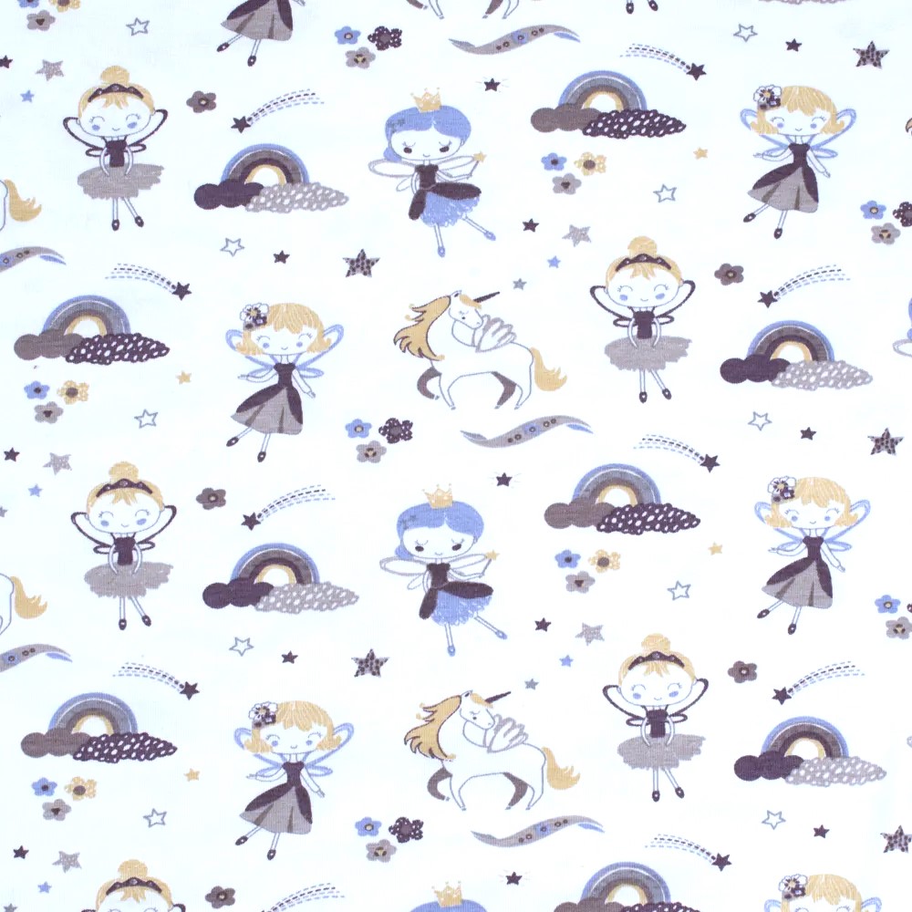 Baumwolljersey "Fairytale" mit Einhörner und Feen - ecru/taupe