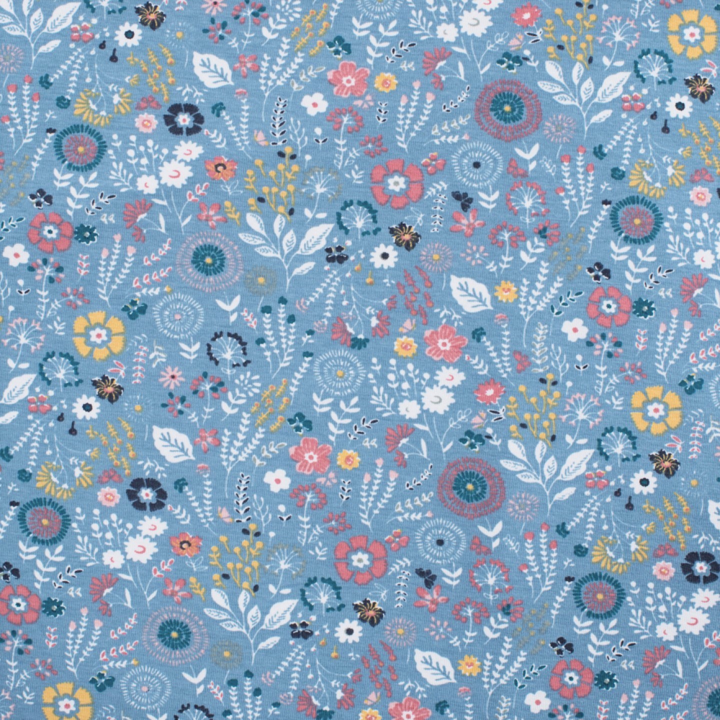 Baumwolljersey mit Blumenmix - dusty blue