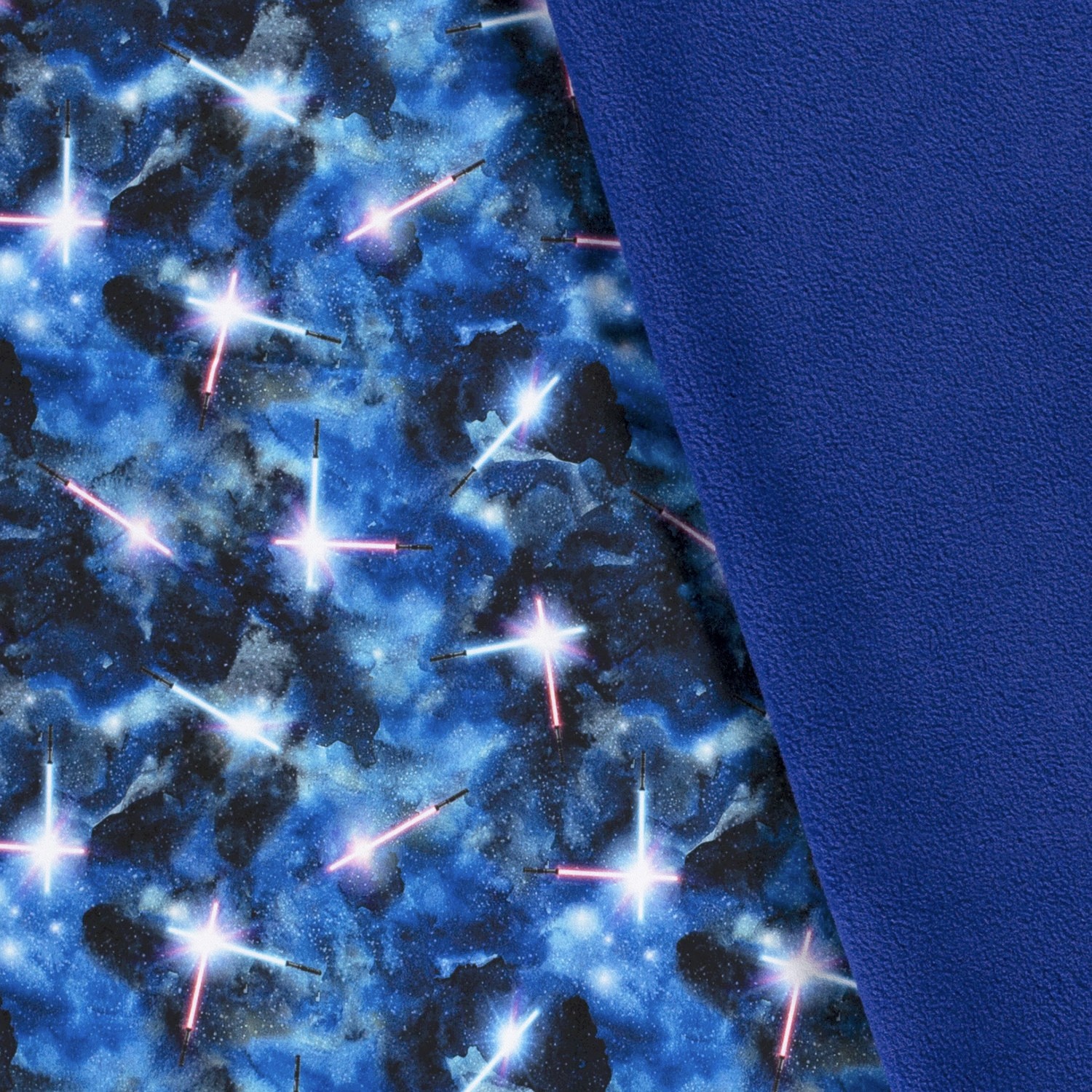 1,33m Reststück     Softshell Digital mit Lichtschwertern im Weltall - kobalt 