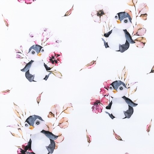 Baumwollstoff Digital mit Pinguinen und Blumen - weiß  