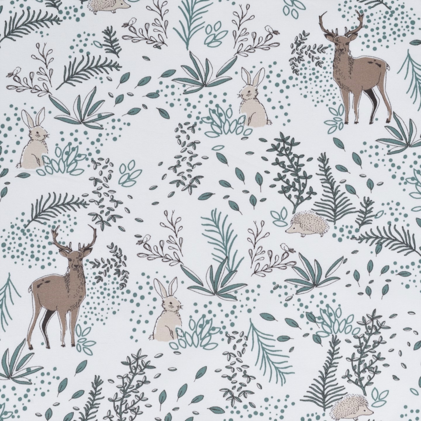 Sommersweat angeraut mit Igel, Hasen und Hirschen - ecru/dusty mint