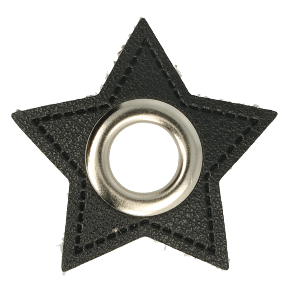 Ösen-Patch auf schwarzem Kunstleder in Sternform nickel 11mm
