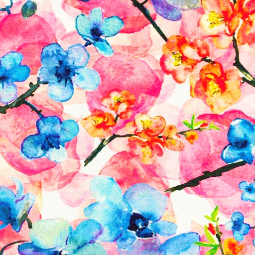 Digitaljersey Snoozy Fabrics mit Blumen  - ecru/türkis/pink