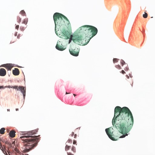 Digitaljersey Snoozy Fabrics mit Eichhörnchen, Schmetterlingen und Eulen - ecru      