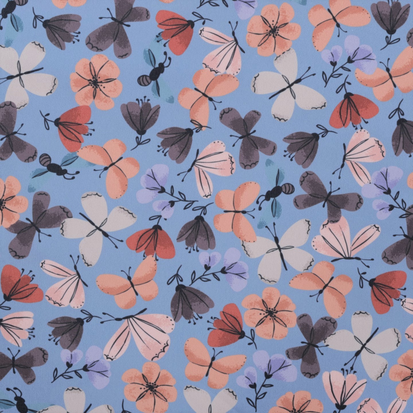 Softshell Digital mit Blumen und Schmetterlingen - dusty blue
